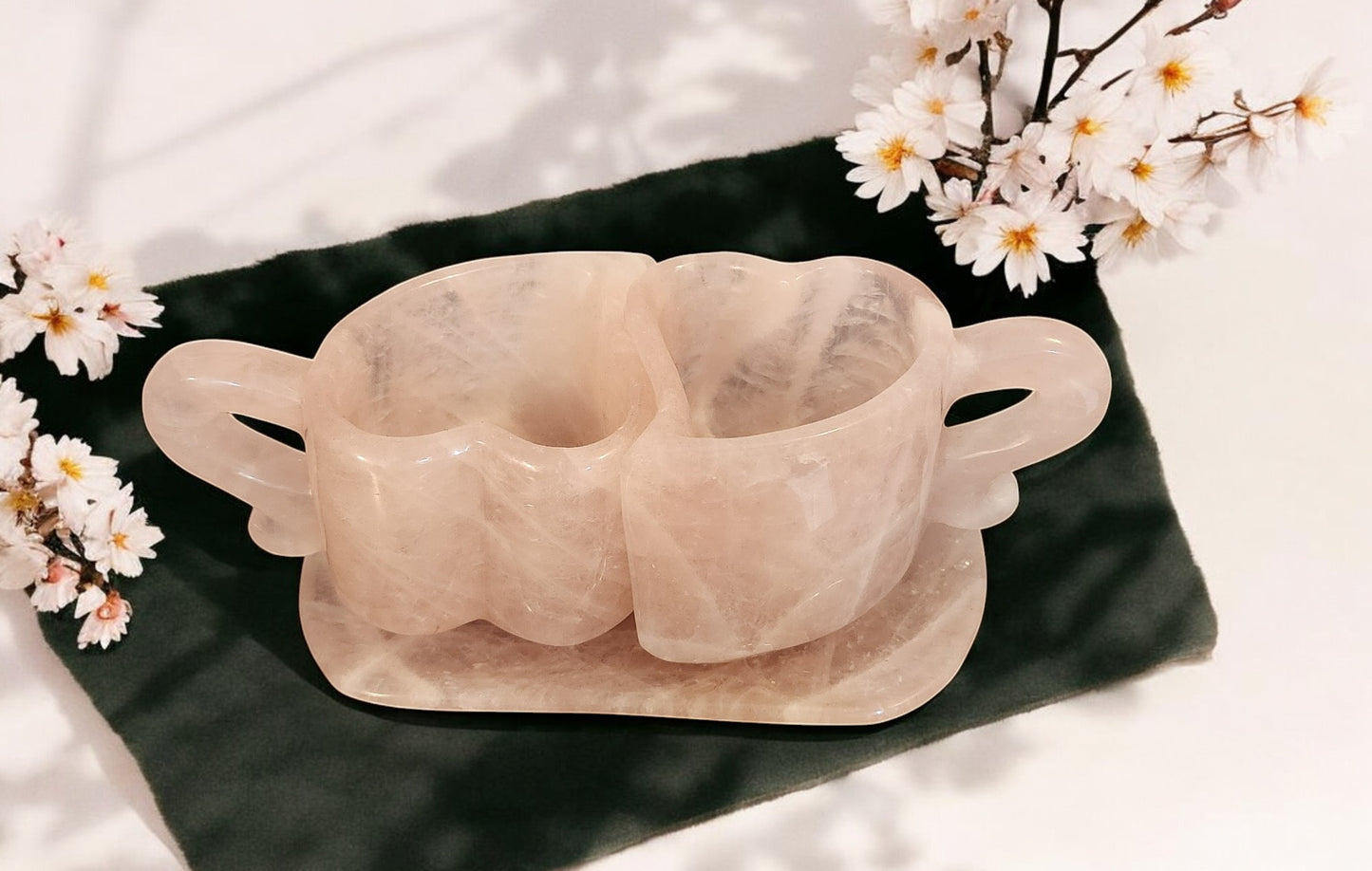 5 lb Natural Rose Quartz Cup Set on Tray