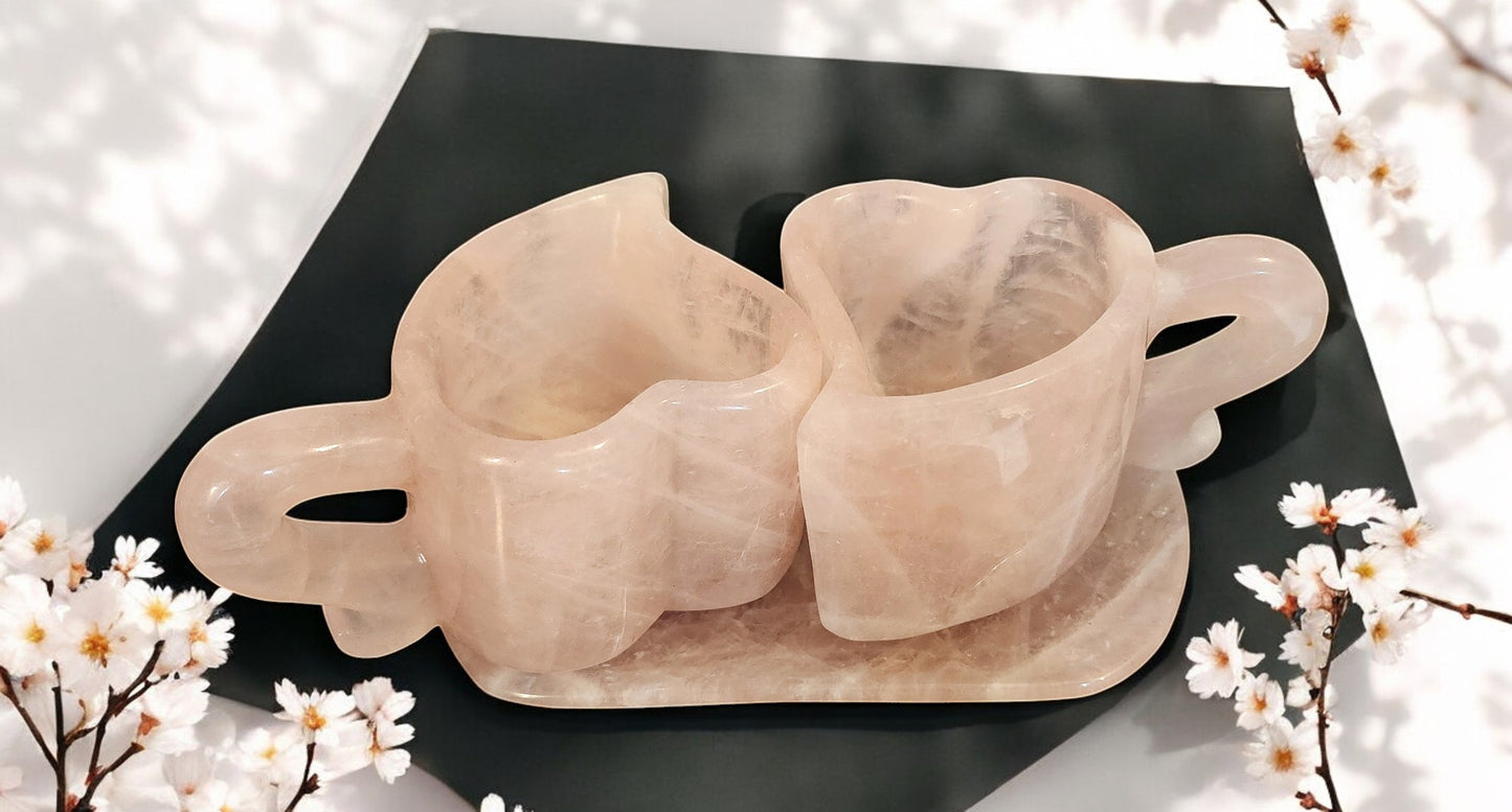 5 lb Natural Rose Quartz Cup Set on Tray