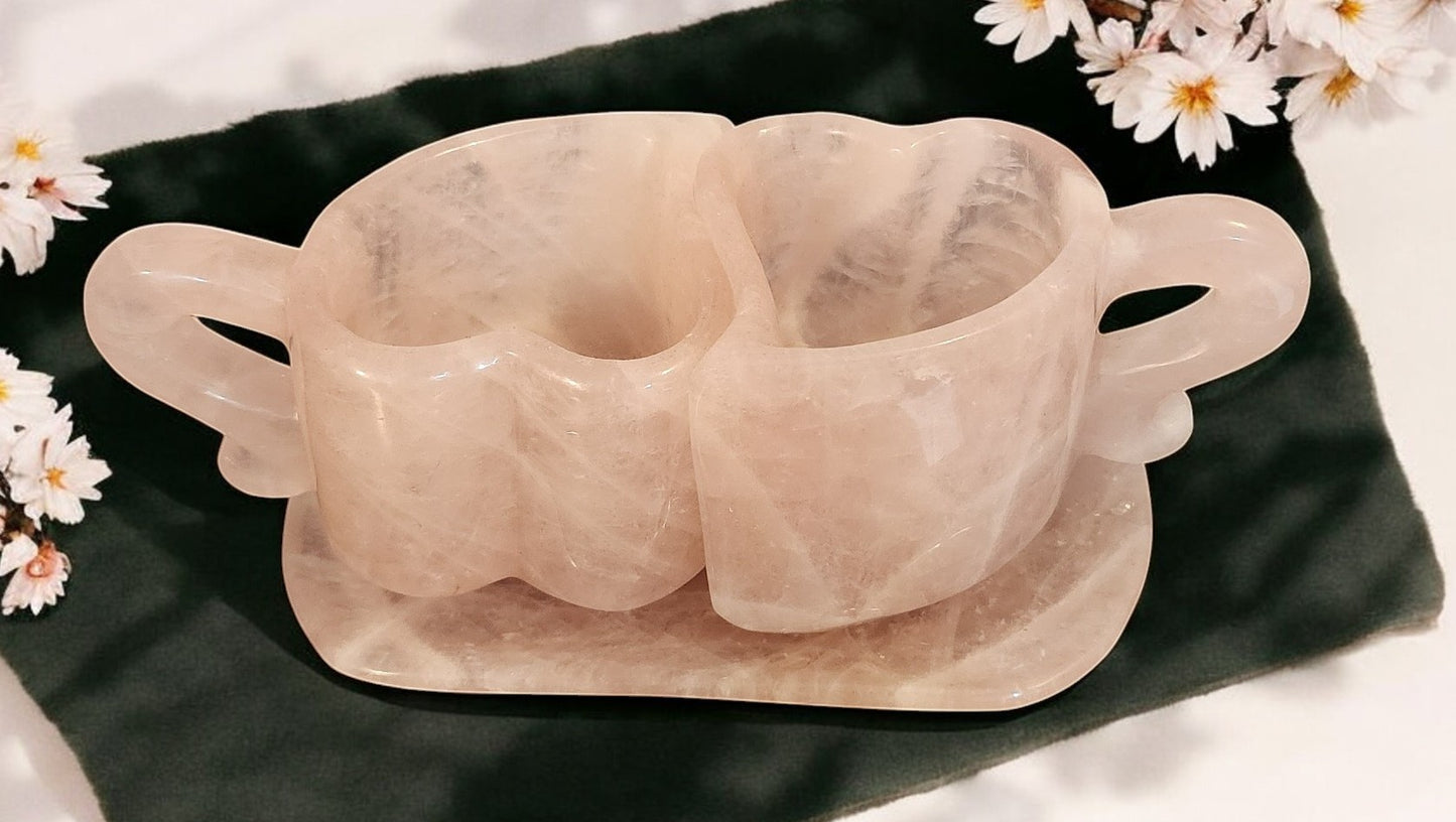 5 lb Natural Rose Quartz Cup Set on Tray